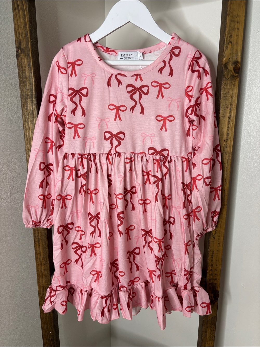 Rylee Faith Pink Bow-Print Long Sleeve Dress for Kids Size 6